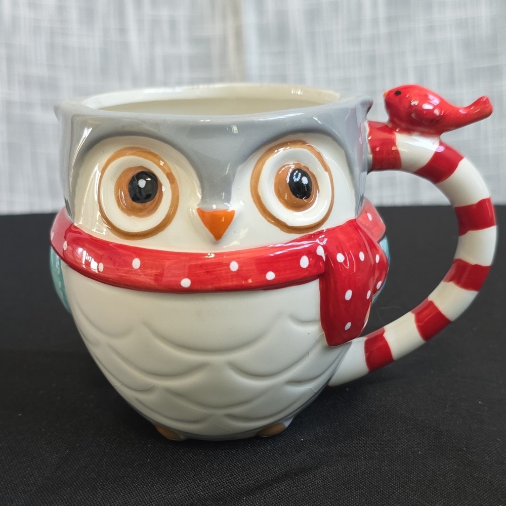 Boston Warehouse Ceramic Owl Figural Mug Gray White Red Bird Handle Red Scarf